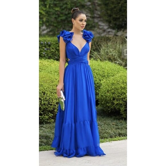 MAC DUGGAL Rosette Chiffon Cutout Empire Waist Gown in Cobalt Blue Size US 2 - Picture 1 of 15